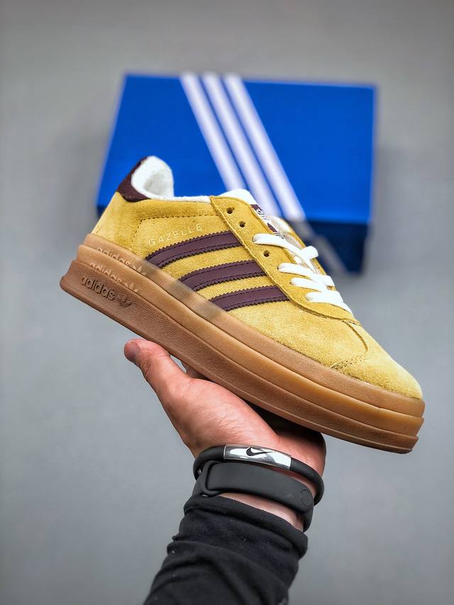 Adidas Originals Gazelle Bold W 羚羊松糕系列复古百搭厚底增高低帮休闲运动板鞋“翻毛姜黄深褐生胶底”If5937 尺码：35-40