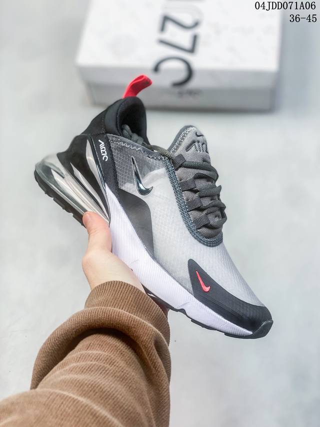 耐克nike React Air Max 270 高桥盾网纱系列 机能半气垫跑步鞋 #灵感来自年度获奖模型的鞋子，这双鞋的半透明鞋面穿过它的鞋头和轮廓，同时还沿