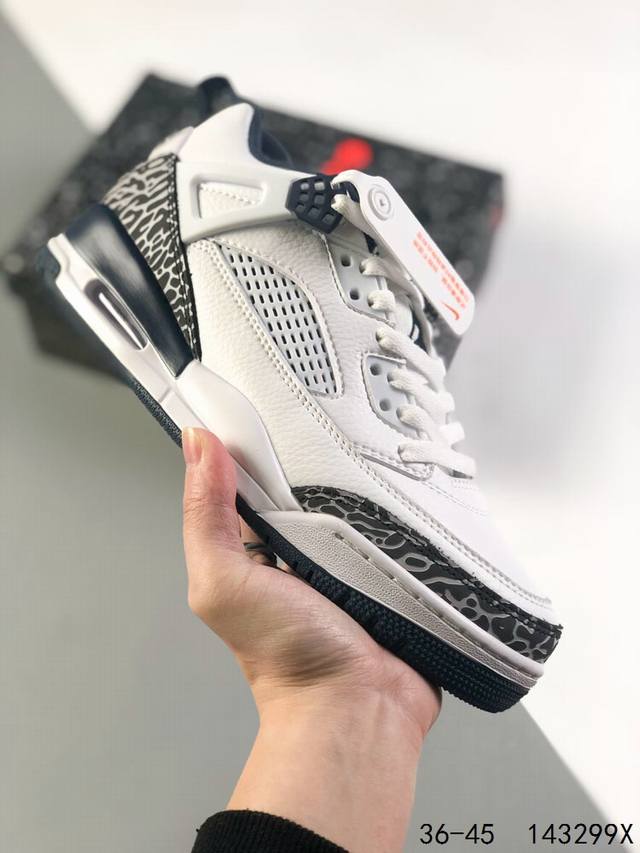 真标带半码！ Air Jordan Spizke Low 三合一 乔3乔4乔5结合体 乔丹篮球鞋系列 该款以白色搭配灰棕细节，辅以标志性的爆裂纹元素，经典的白色