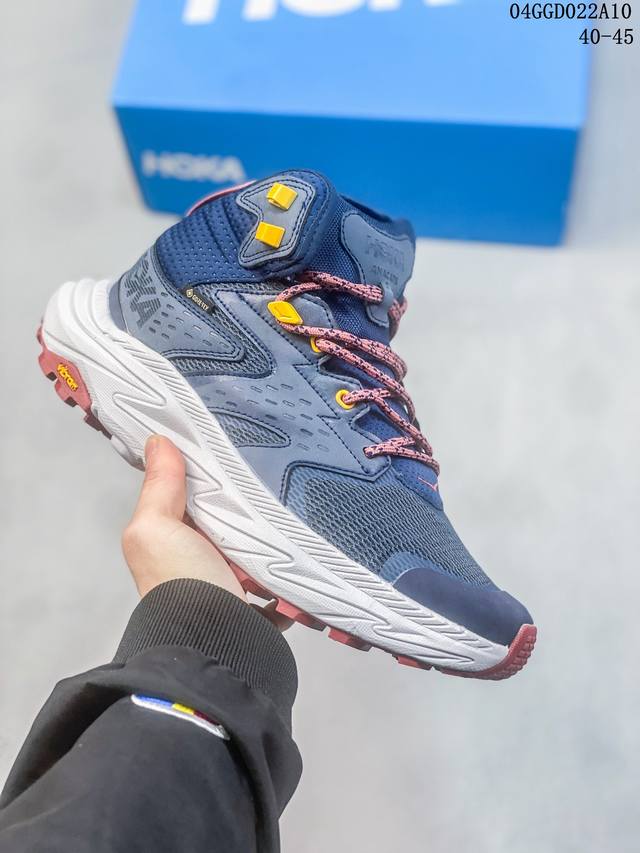 Hoka One One Anacapa Mid Gtx 专业越野跑步 1122018 Bblc此多功能款式采用皮革工作组认证的轻质皮革制成，衣领、网眼和鞋带均