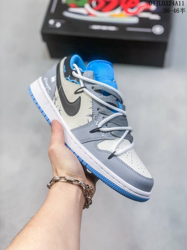 绑绳off-White解构风定制，耐克nike Air Jordan 1 Low”Beige Grey White “ 乔丹1代低帮解构绑带 复古低帮篮球鞋 货