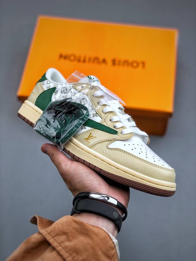 Lv X Air Jordan 1 Low 米黄绿此款主张打破传统的工业化流水线设计限制，以made By Ideas的超级创意为理念，集结众多潮流设计师，结合