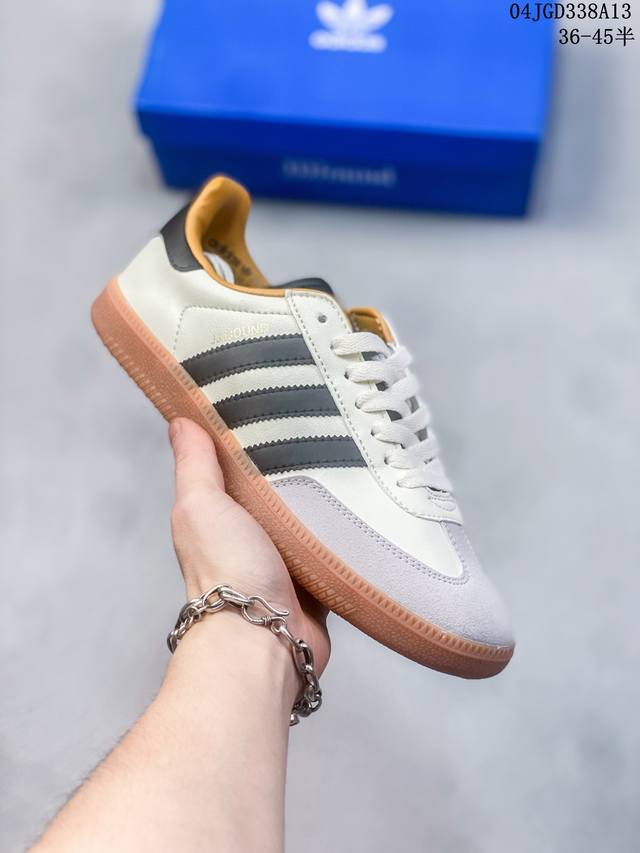 阿迪达斯 Adidas Handball Spezial 三叶草学院风复古休闲板鞋 德训鞋 橡胶底柔软皮革经典运动鞋男女士板鞋。圆头、缝合拼接设计、正面绑带、鞋