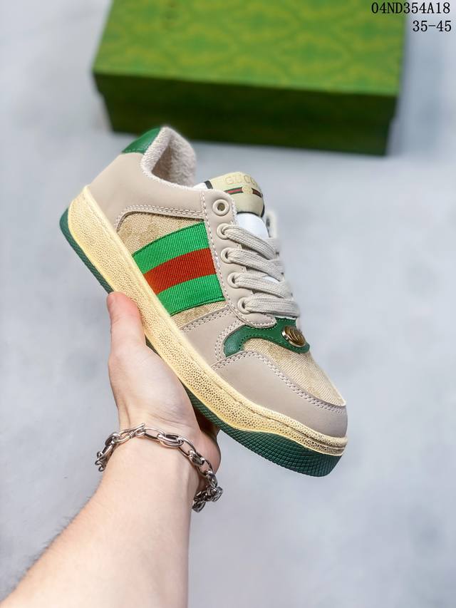 双盒-独家双芯片版全网首发gucci 古驰 Distressed Screener Sneaker 经典原型复古百搭做旧小脏鞋 复古学院风 怀旧版 原版做旧 双