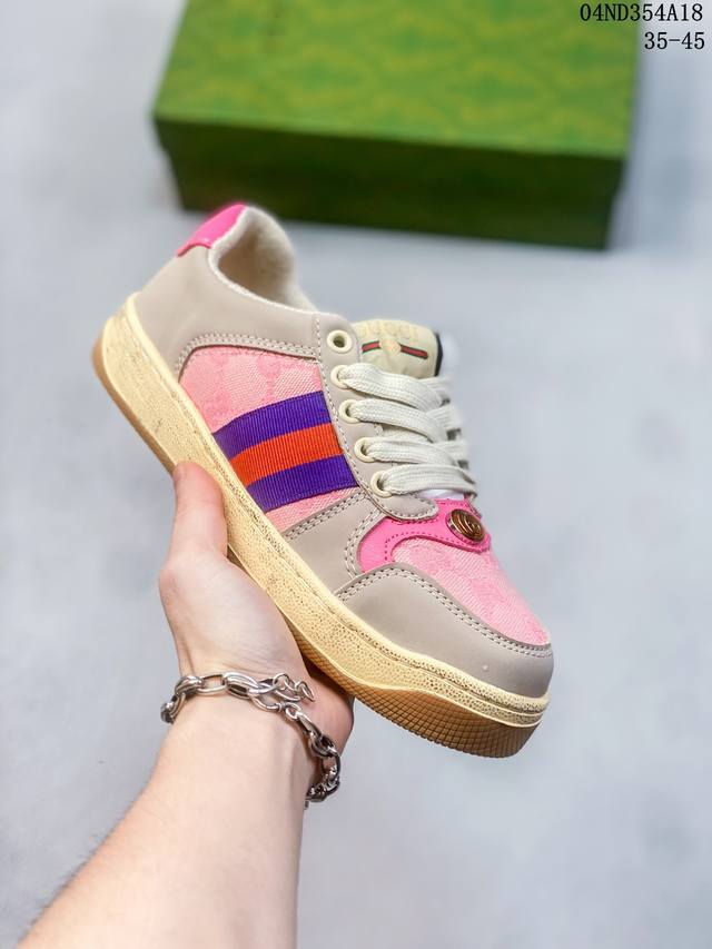 双盒-独家双芯片版全网首发gucci 古驰 Distressed Screener Sneaker 经典原型复古百搭做旧小脏鞋 复古学院风 怀旧版 原版做旧 双