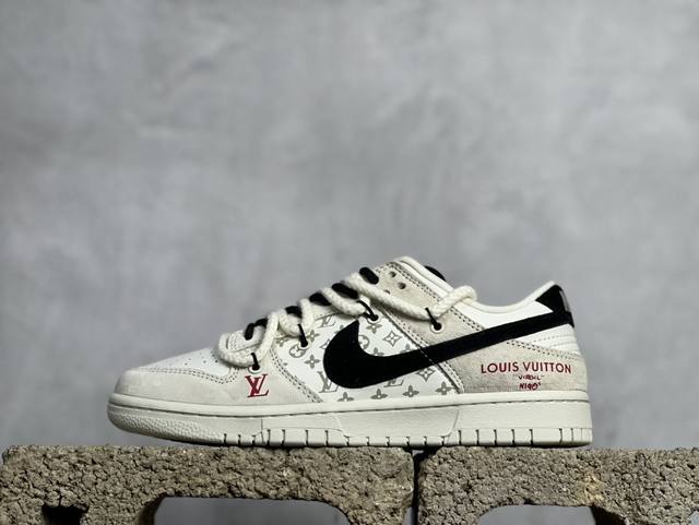 放店私 Nk Sb Dunk Low Lv联名-米白黑勾三花 周年高端定制 低帮休闲板鞋 Sj2068-235 #定制鞋盒 大厂纯原品质出货 超高清洁度 皮料切