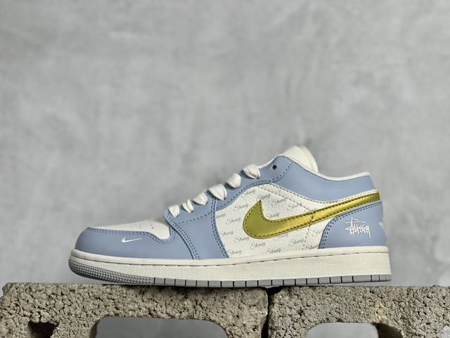 air Jordan 1 Low Aj1 乔1 斯图西联名-蓝金 高端定制 低帮篮球鞋 Wg8850-007 #定制鞋盒 大厂纯原品质出货 超高清洁度 皮料切割