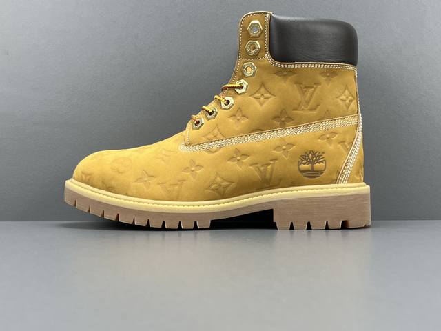 渠道优势 ！ 东莞版 添柏岚 Timberland X Louis Vuitton 牛皮革 6英寸满印老花 圆头系带 压纹防水绒面大黄靴 及踝 马丁靴及踝靴 男